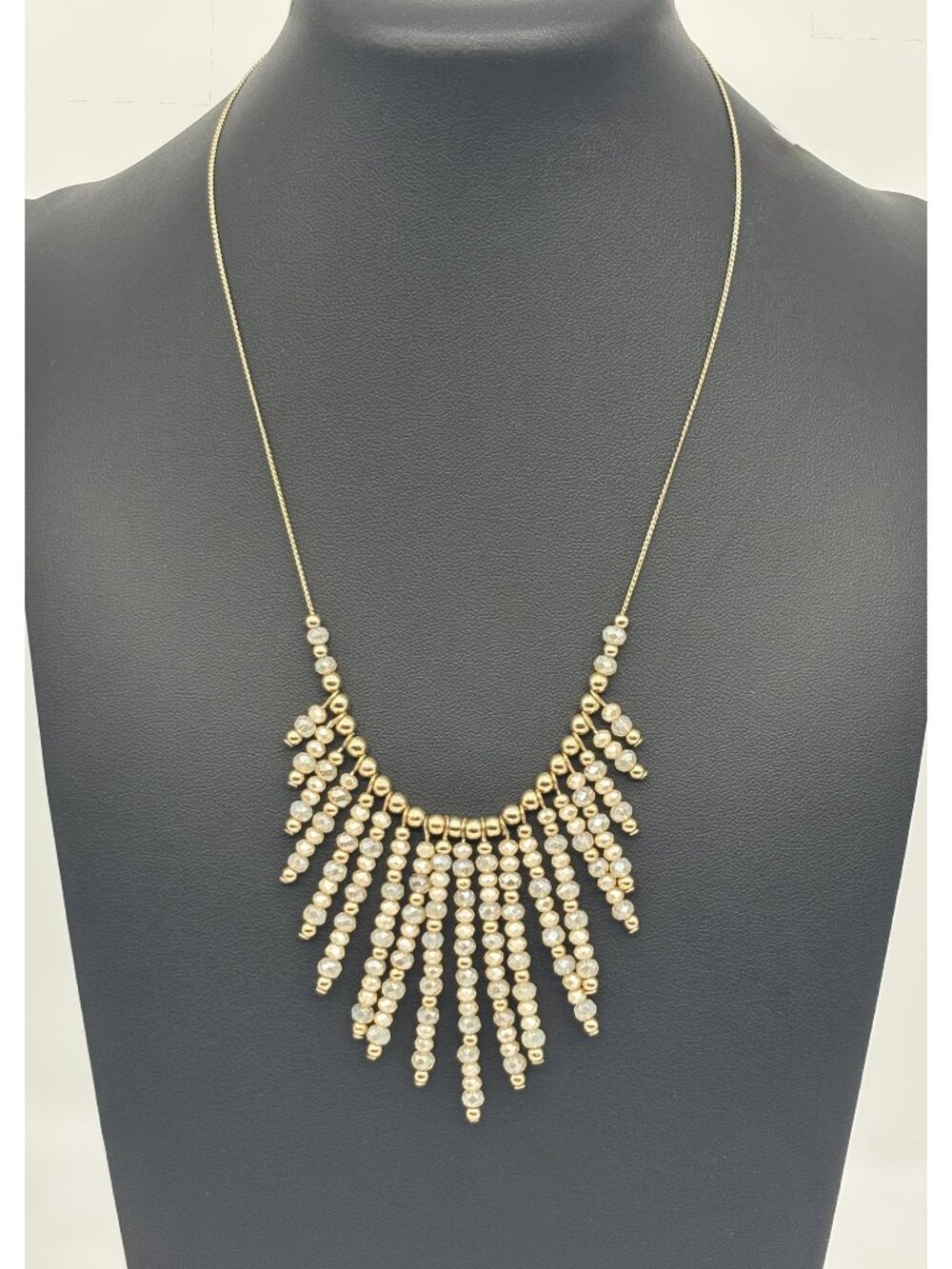 Crystals and Gold-Tone Beads Bib Waterfall Necklace on Delicate Chain Adjustable